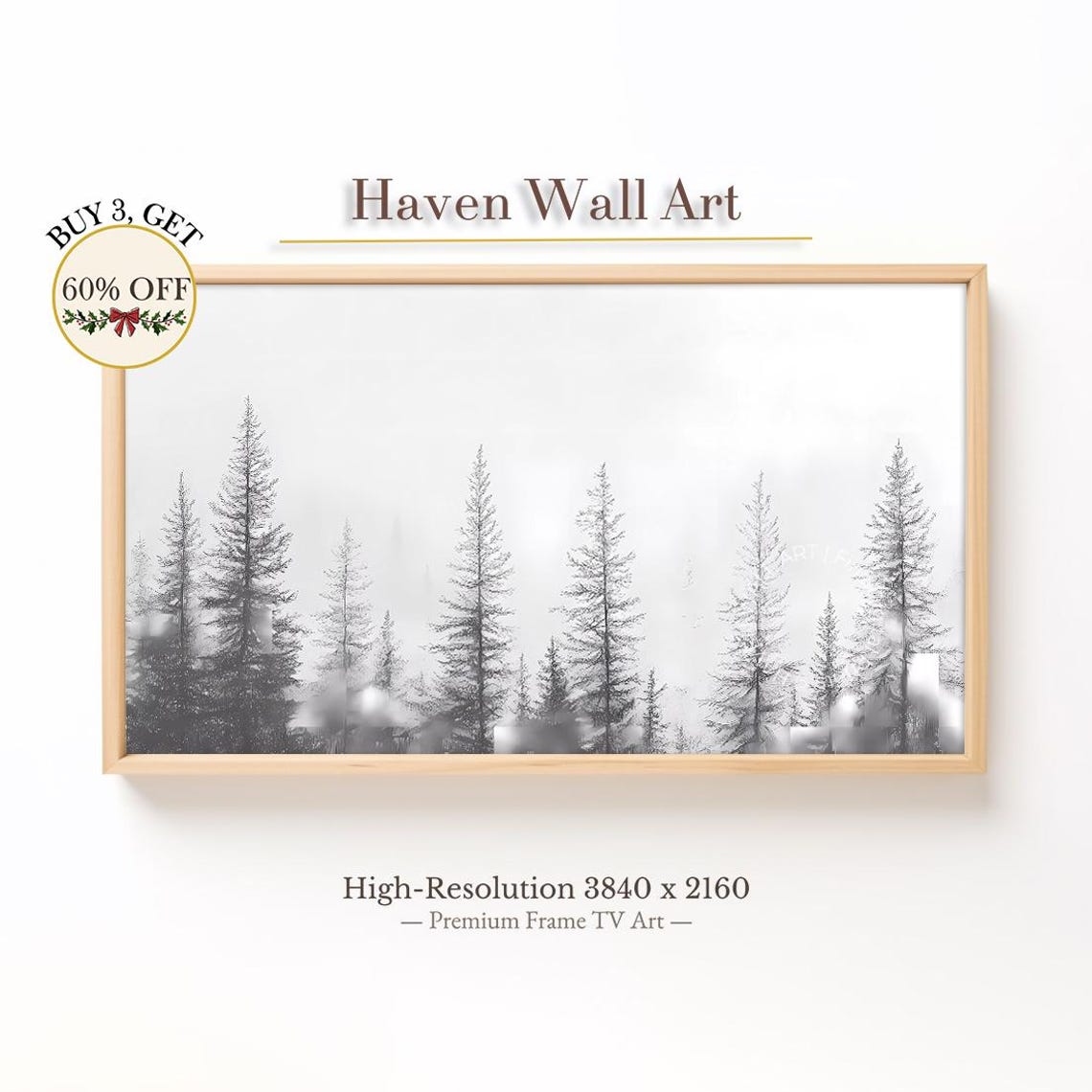 Misty Pine Forest Black White Frame TV Minimalist Winter Wall Art