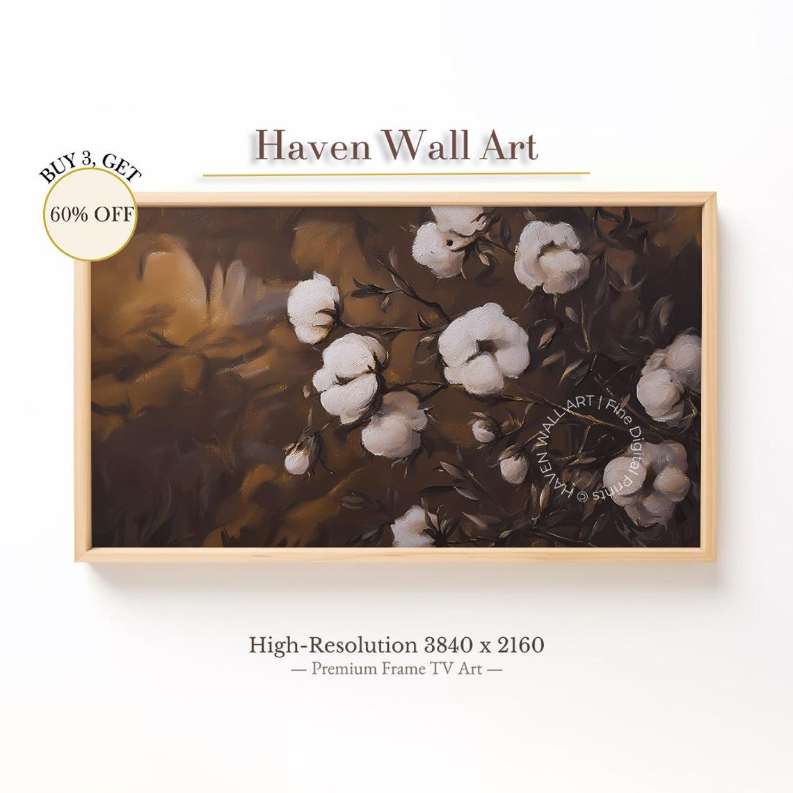 White Cotton Flowers Dark Brown Rustic Botanical Vintage Art Poster