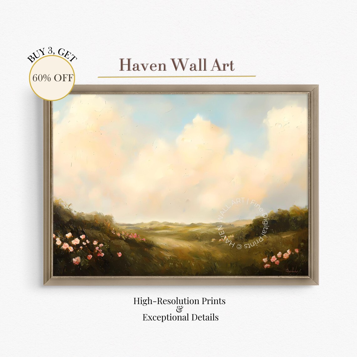 Golden Meadow Valley Soft Impressionist Neutral Countryside Art Poster