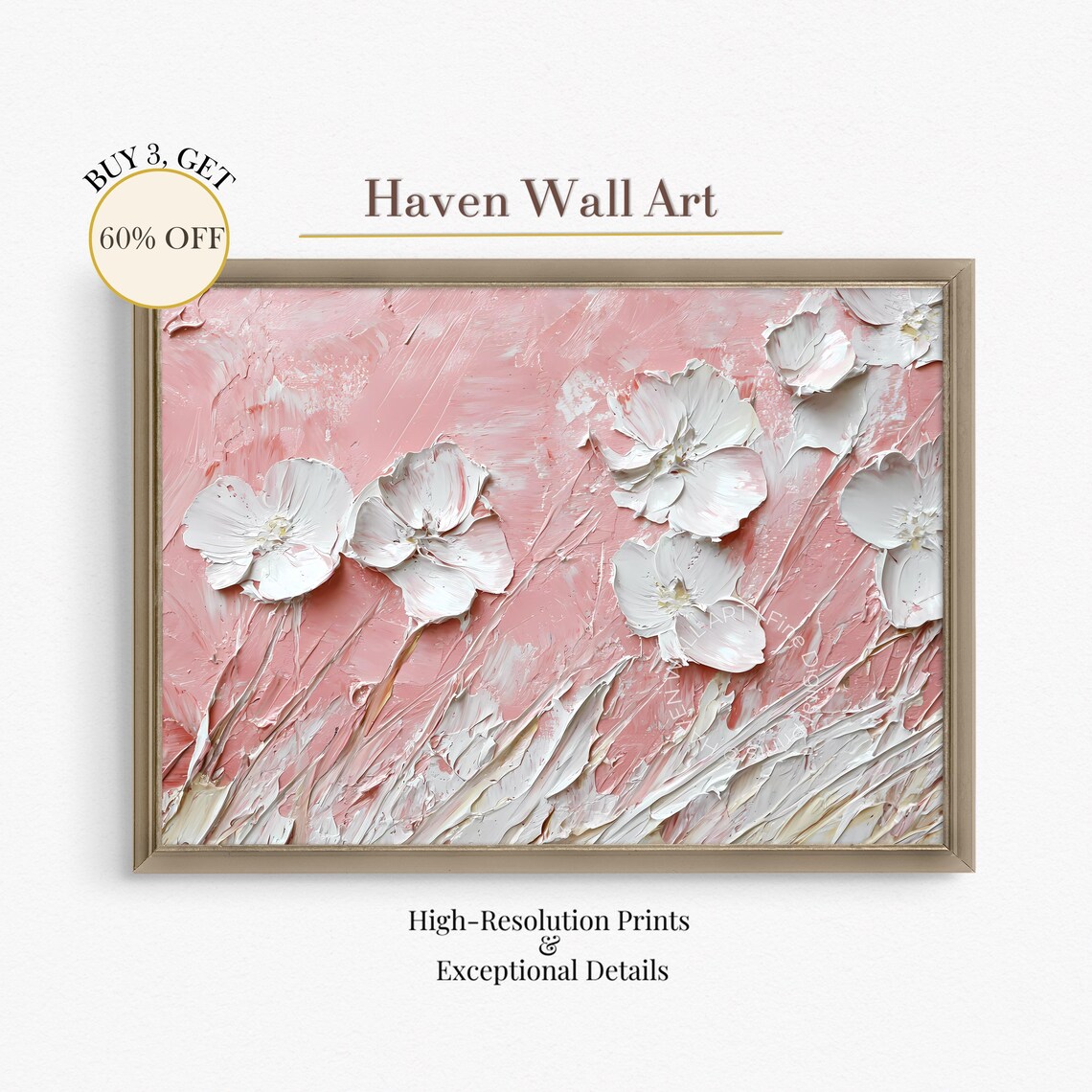 Romantic Pink Textured Impasto White Flowers Abstract Art Poster
