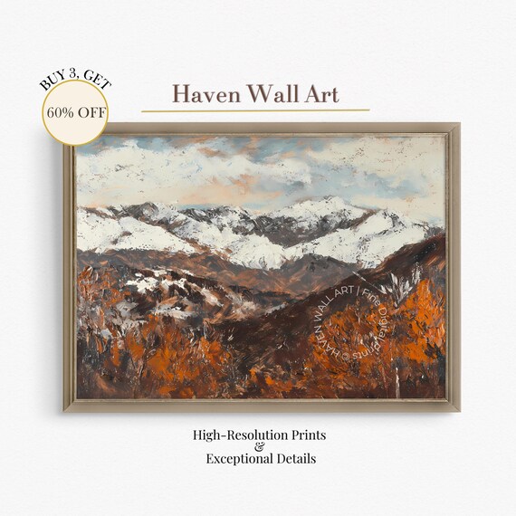 Vintage Autumn Mountain Print With Snowy Peaks And Orange Foliage
