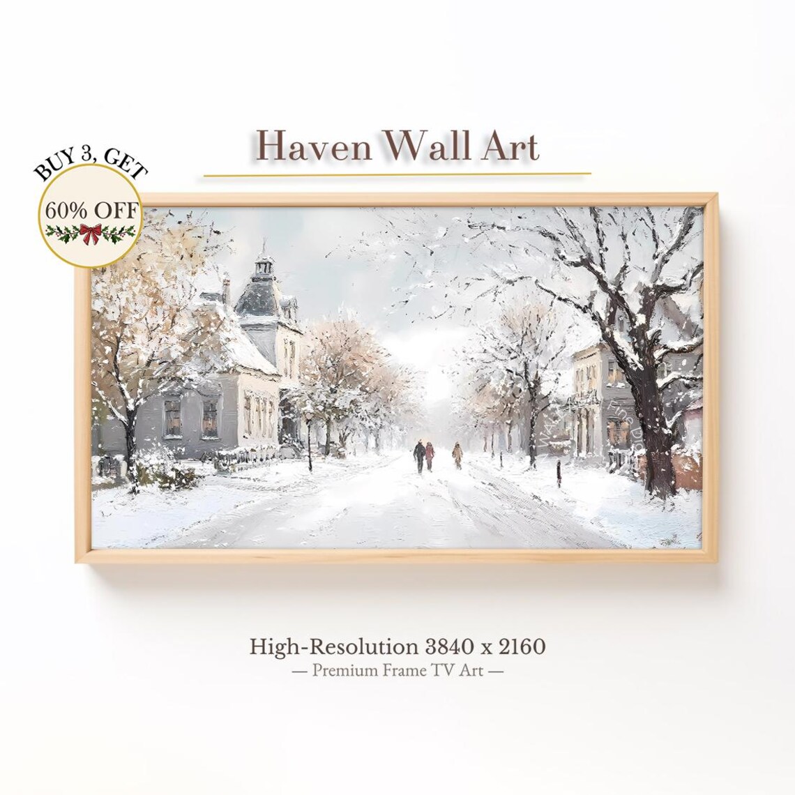 Winter Village Walk Frame TV Snowy Street Oil Painting Wall Art