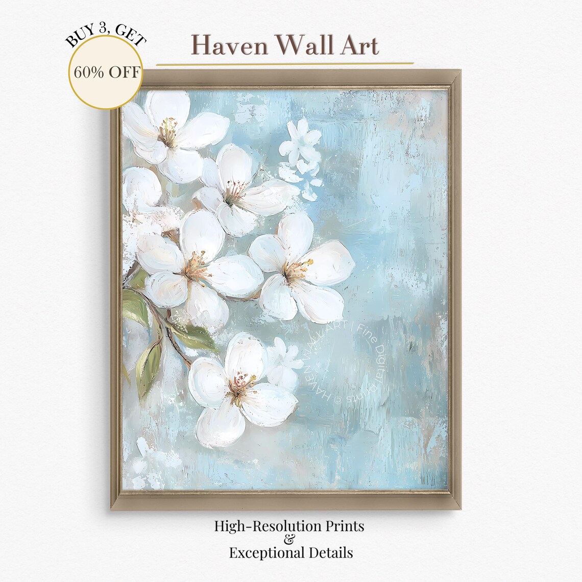 White Apple Blossoms on Soft Blue Minimalist Floral Art Poster