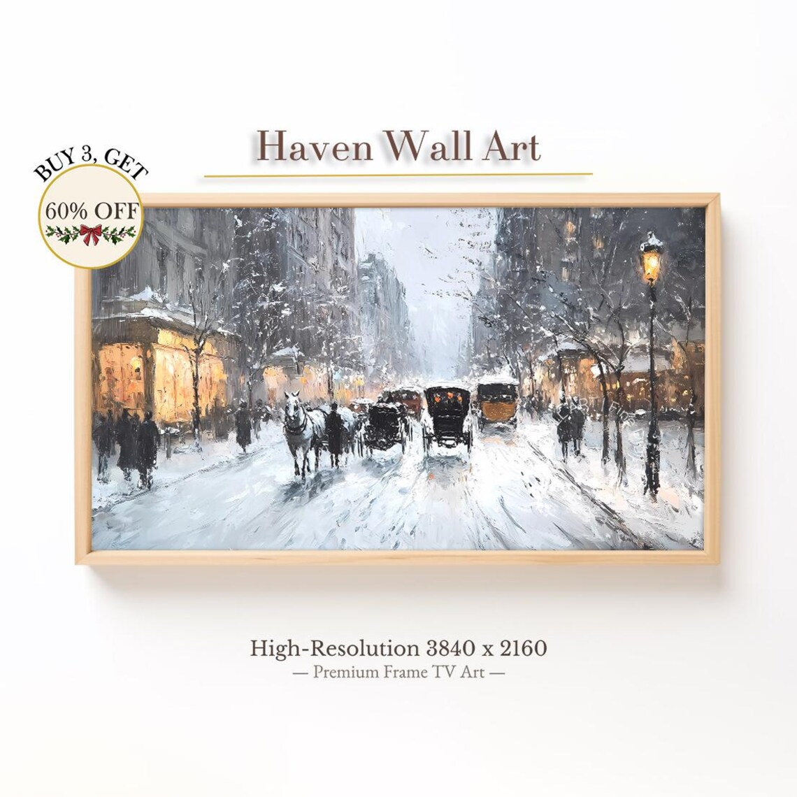 Winter Horse Carriage Frame TV Snowy Street Lamp Cityscape Wall Art