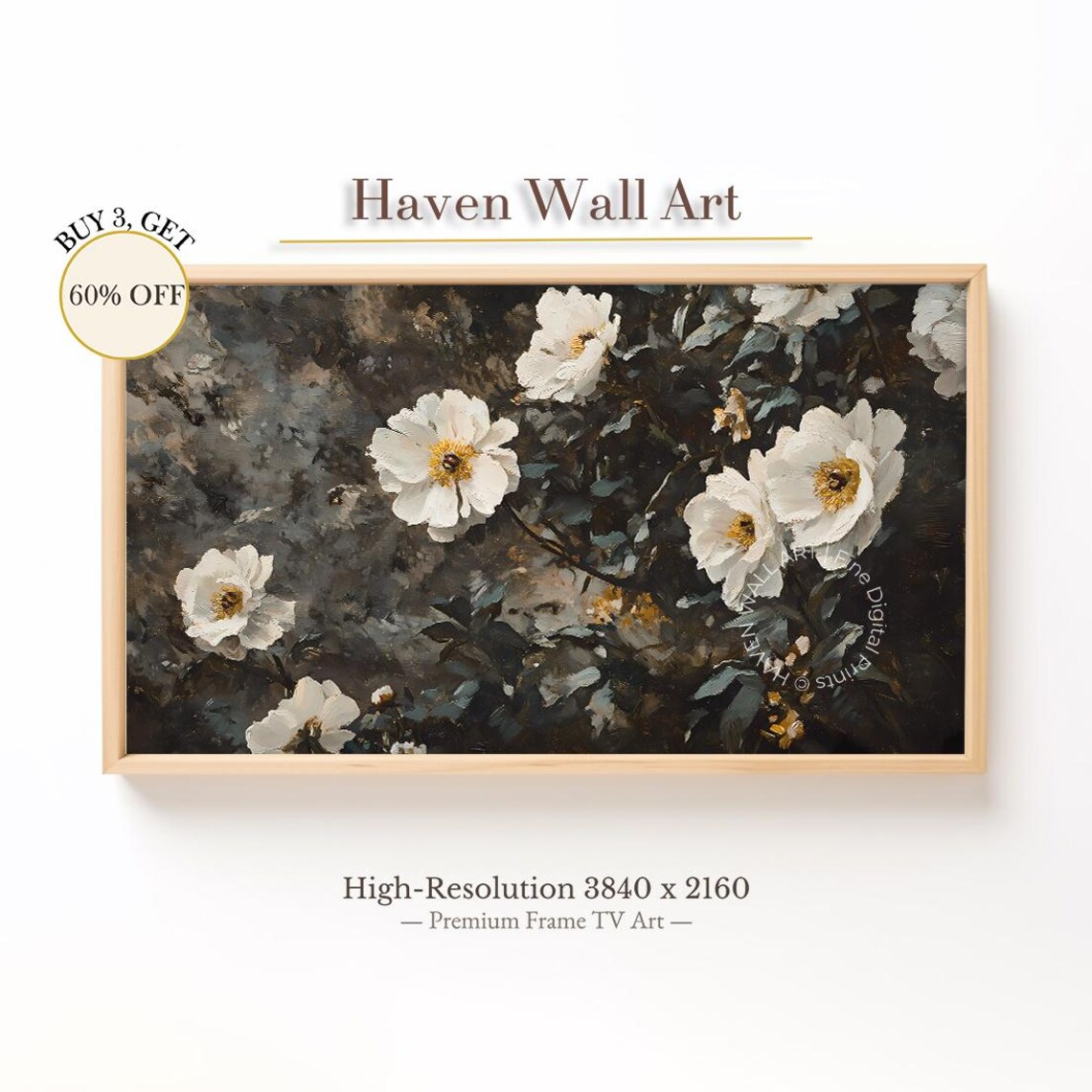 White Wildflowers Dark Background Moody Vintage Floral Art Poster