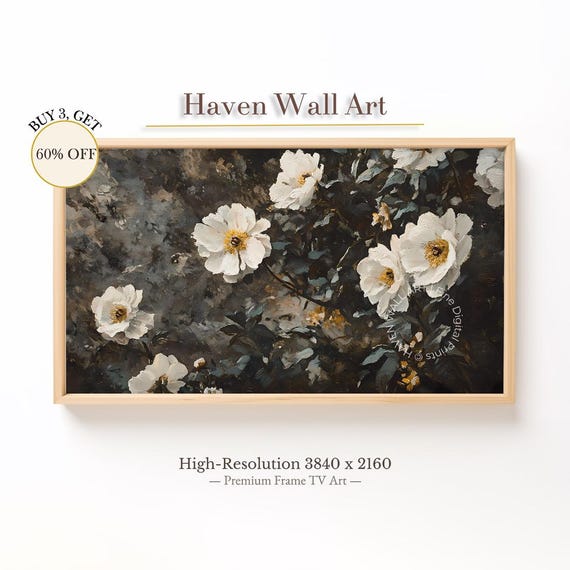 Dark Vintage Rose Frame Tv Art White Floral Spring Samsung Moody Flower Painting Rustic Tsf095