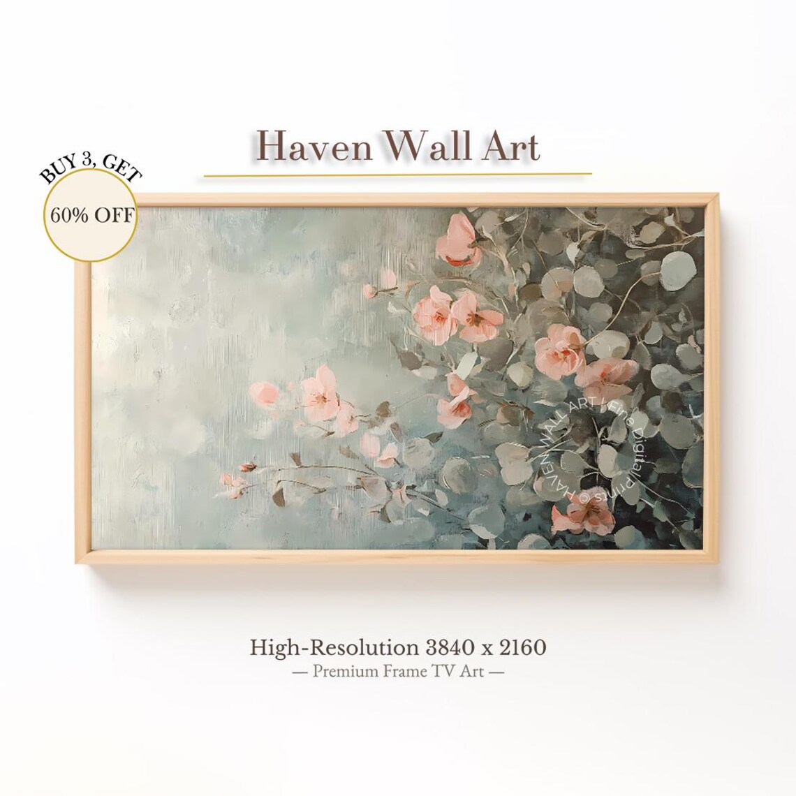 Pink Rose Vine Blossoms with Silvery Leaves Vintage Floral Wall Art