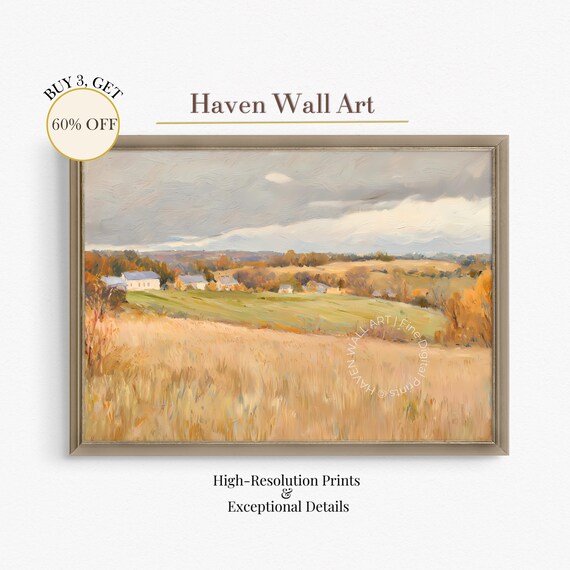 Golden Autumn Countryside Harvest Fields Farm Oil Painting Wall Art