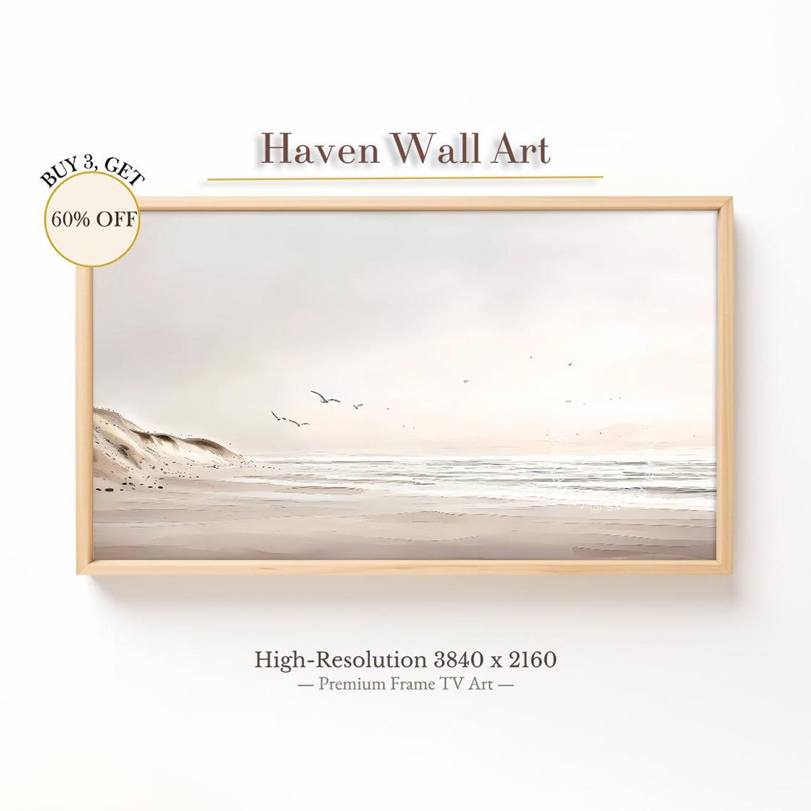 Seagulls Over Beige Coastline Minimalist Beach Summer Art Poster