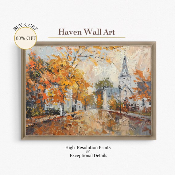 Autumn Church Street Rainy Impressionist Oil Painting Poster