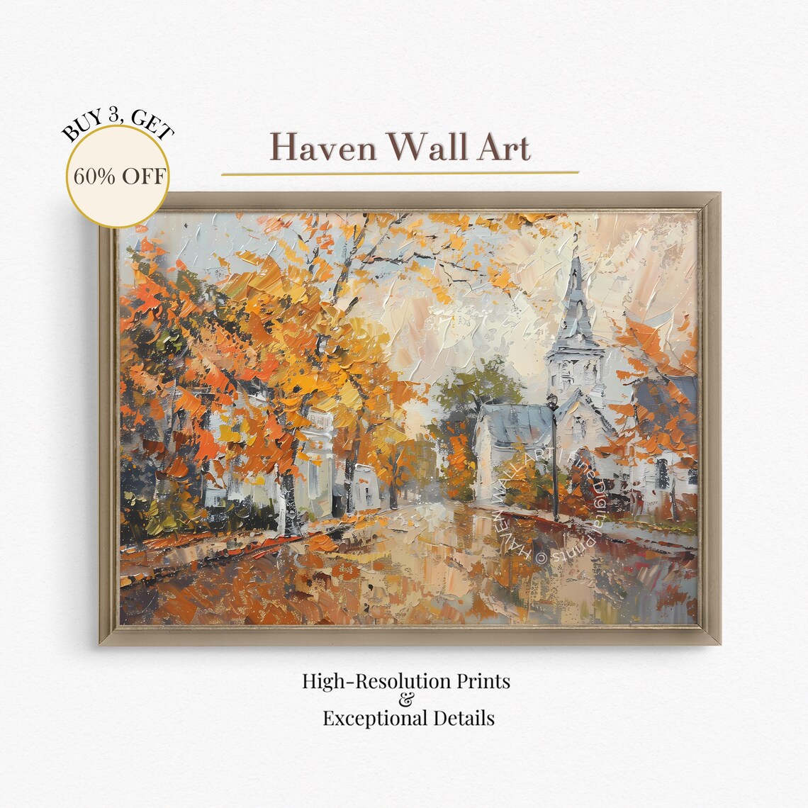 Autumn Church Street Rainy Impressionist Oil Painting Poster