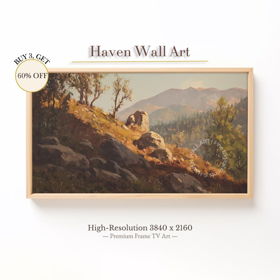 Golden Autumn Hillside Rocky Slope Vintage Oil Painting Wall Art
