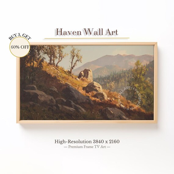 Golden Autumn Hillside Rocky Slope Vintage Oil Painting Wall Art