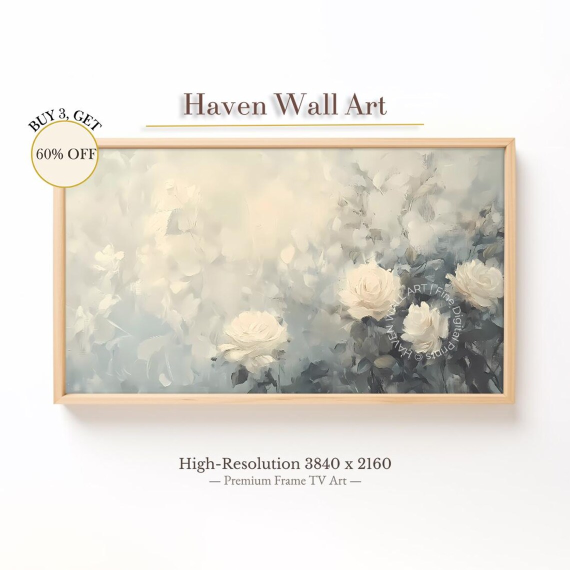 Soft Blue Roses Pastel Floral Oil Painting Frame TV Art Poster
