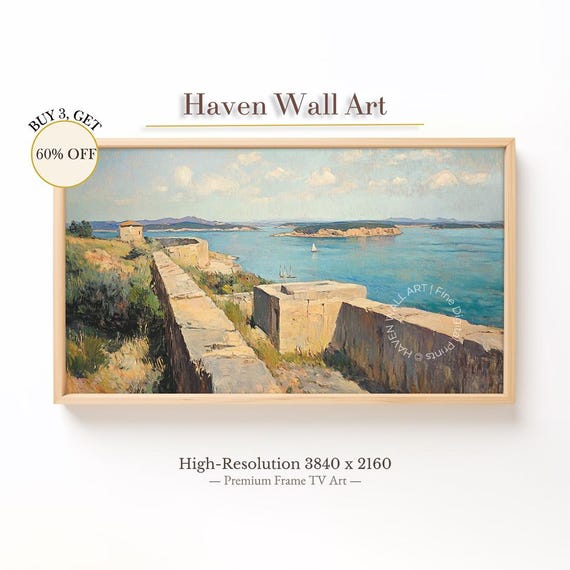 Mediterranean Cliffside Ruins Frame Tv Art Vintage Coastal Landscape Samsung Summer Seaside Castle Wall Painting Tub108