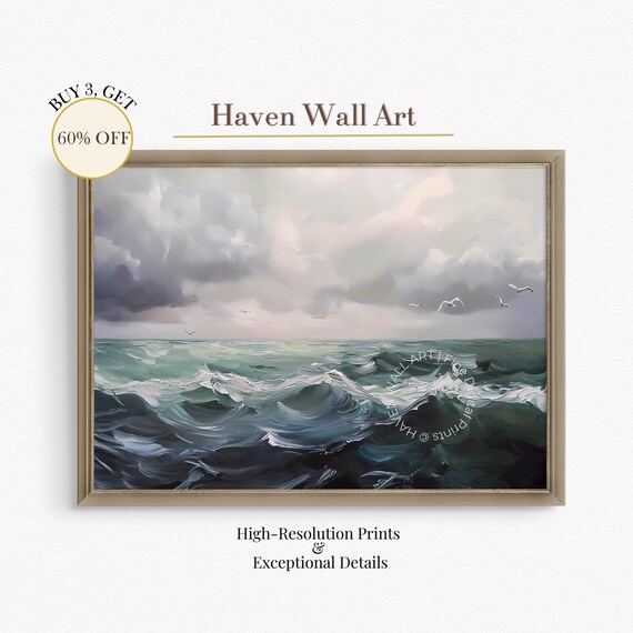 Stormy Teal Ocean Waves Seagulls Dramatic Clouds Coastal Wall Art