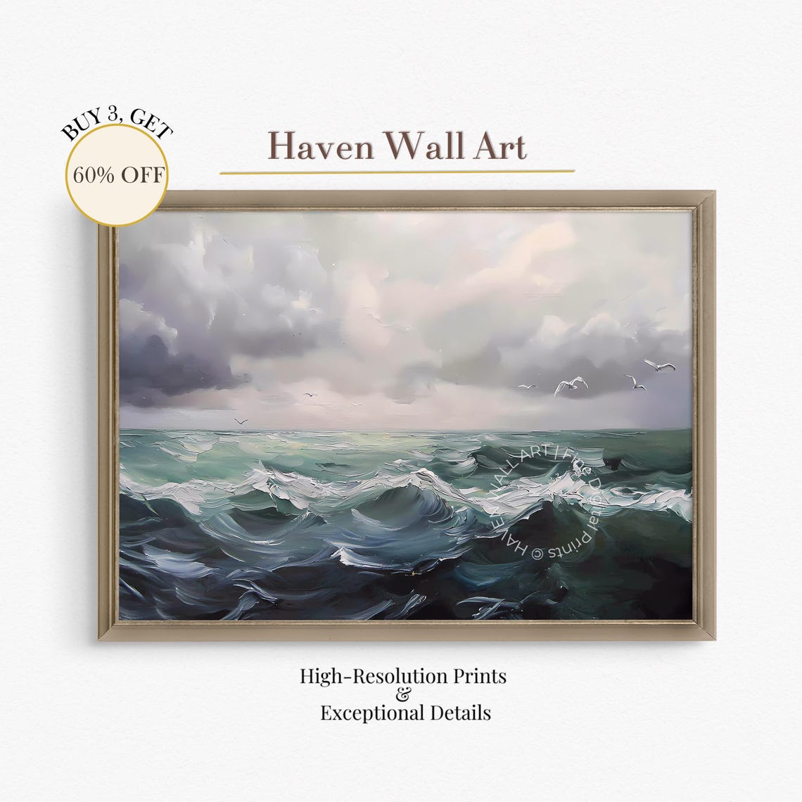 Stormy Teal Ocean Waves Seagulls Dramatic Clouds Coastal Wall Art