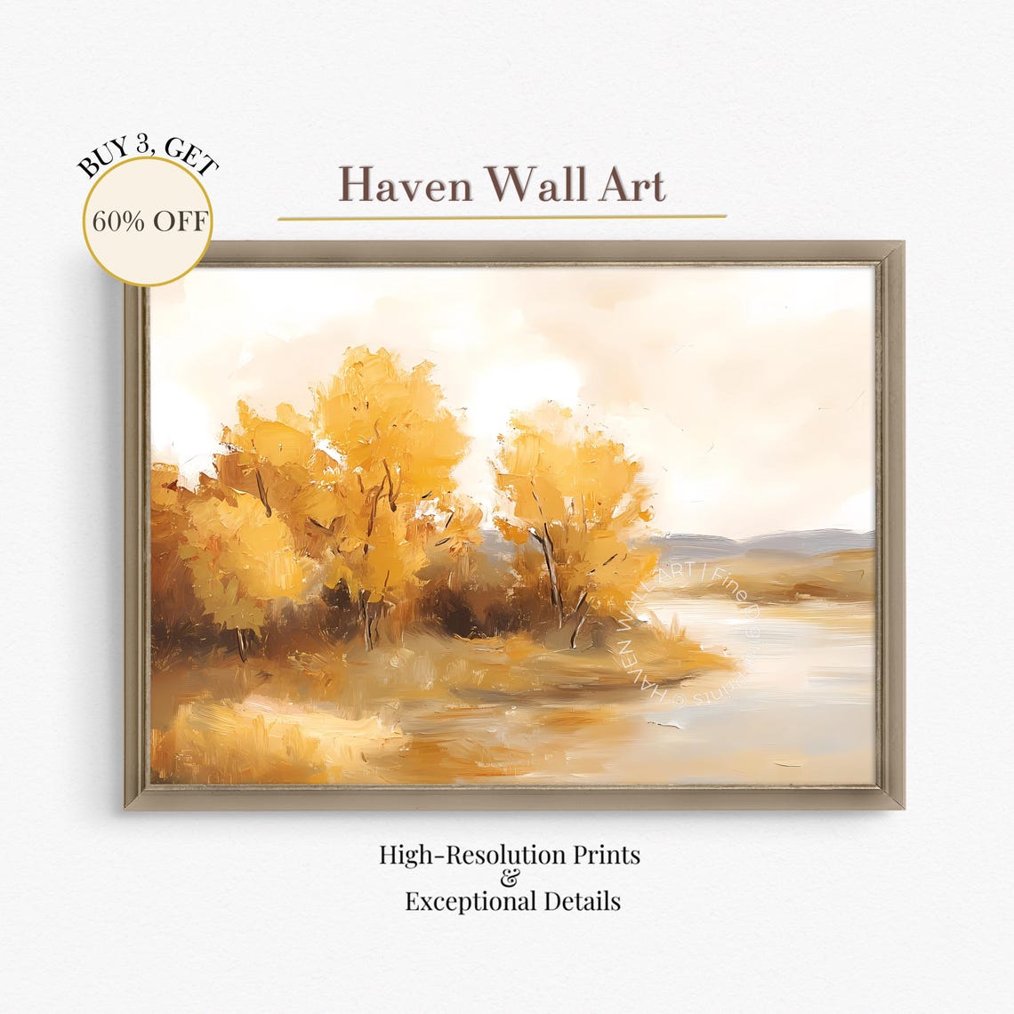 Golden Autumn Trees by River Impressionist Fall Landscape Wall Art