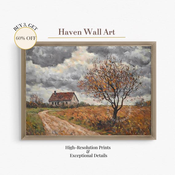 Stormy Farmhouse Trail Wall Art Moody Autumn Country Cottage Landscape Thanksgiving Solitude Rustic Decor Pal084