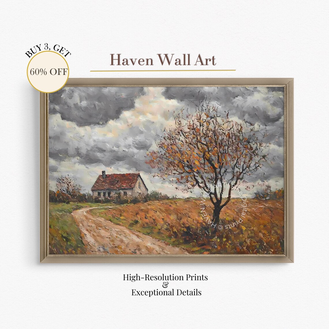 Stormy Autumn Farmhouse Print With Dirt Road Under Dark Clouds