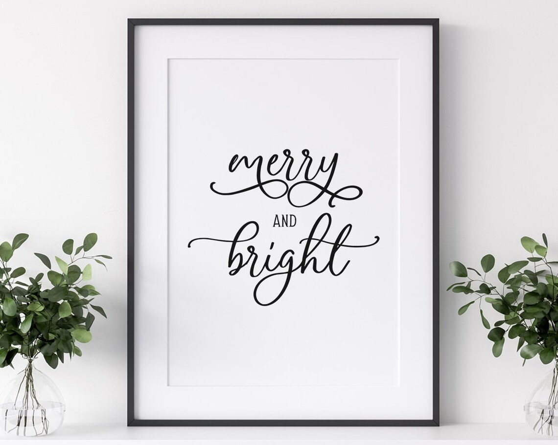 Merry and Bright Script Lettering Black White Christmas Poster