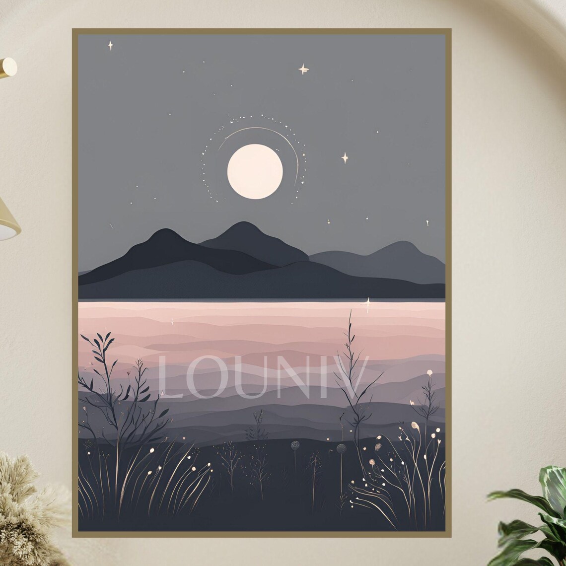 Modern Moon Minimalist Landscape, Botanical Night Scene