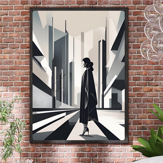 Black White Geometric Woman Walking Through Futuristic City Poster