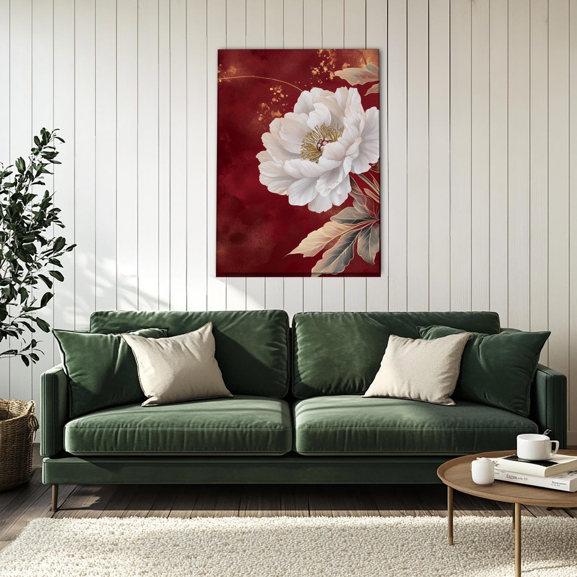 Elegant White Peony Blossom on Deep Red Floral Botanical Poster - Image 3