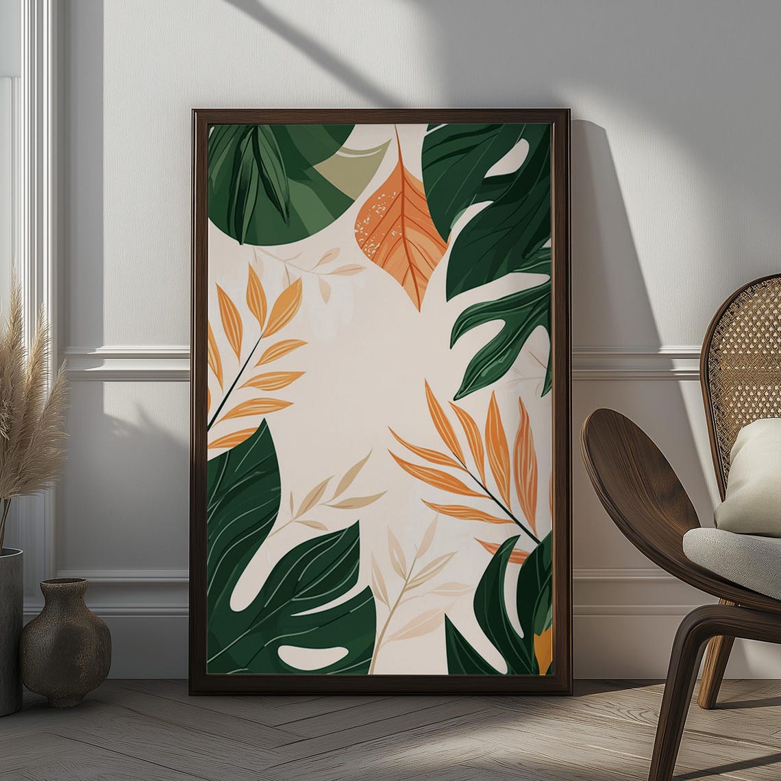 Green Orange Tropical Leaves Modern Botanical Abstract Wall Art