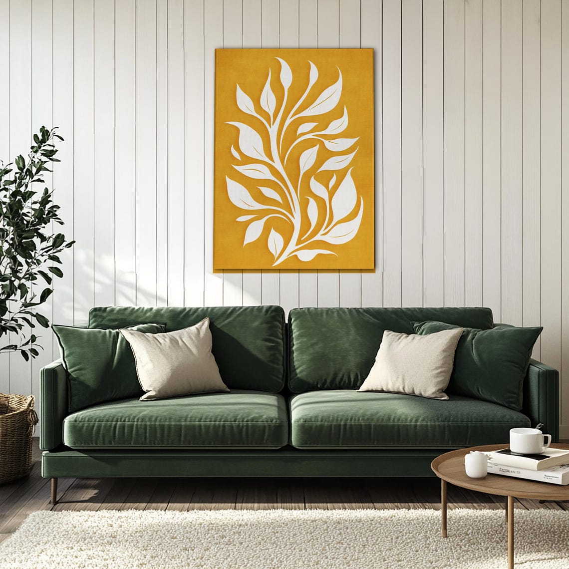 White Botanical Leaves on Mustard Yellow Boho Chic Floral Wall Art - Image 4