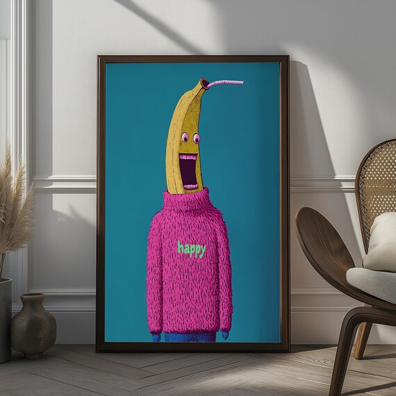 Happy Banana Character Art Print With Pink Sweater Fun And Colorful Wall Decor Quirky Modern Design For Home Or Office