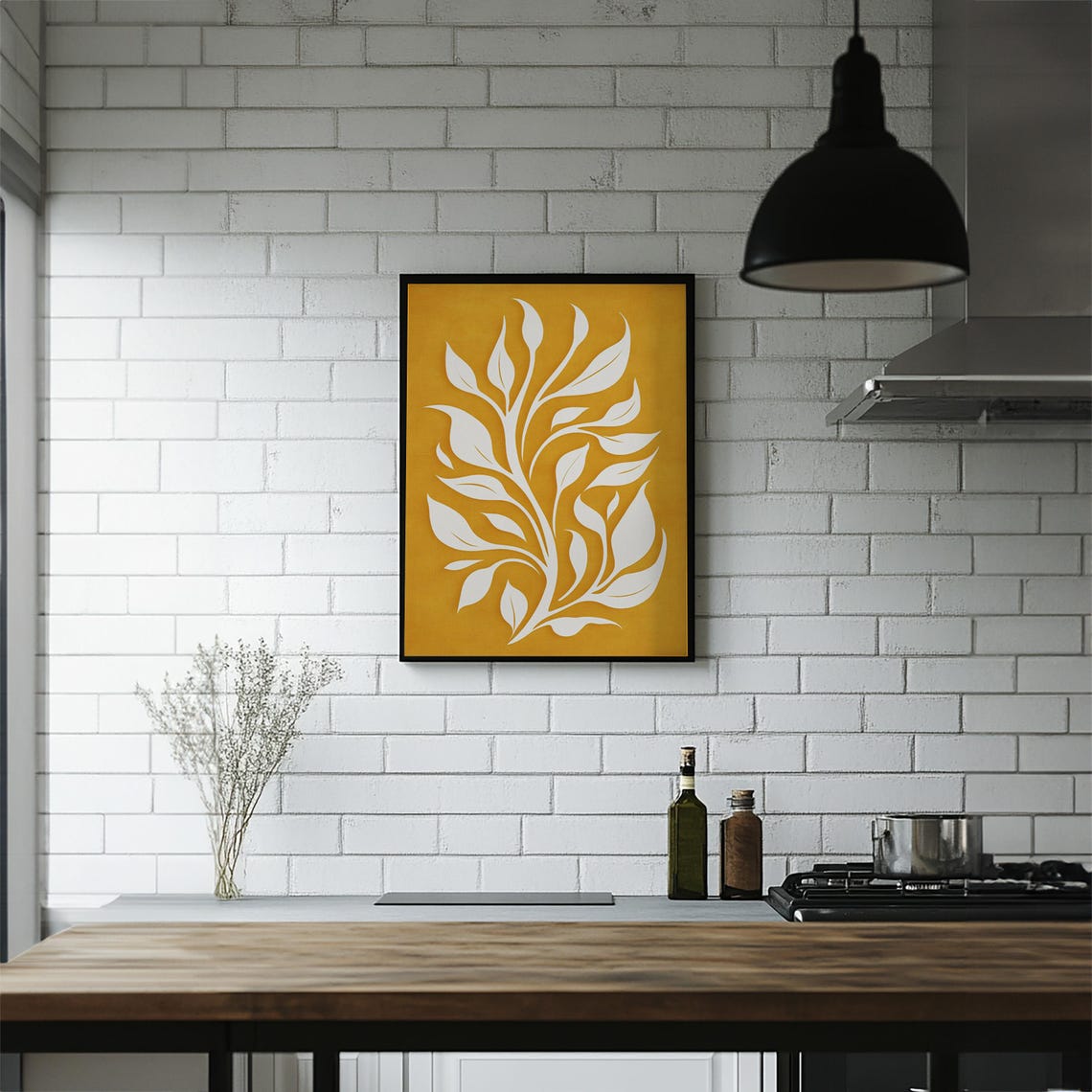 White Botanical Leaves on Mustard Yellow Boho Chic Floral Wall Art - Image 6