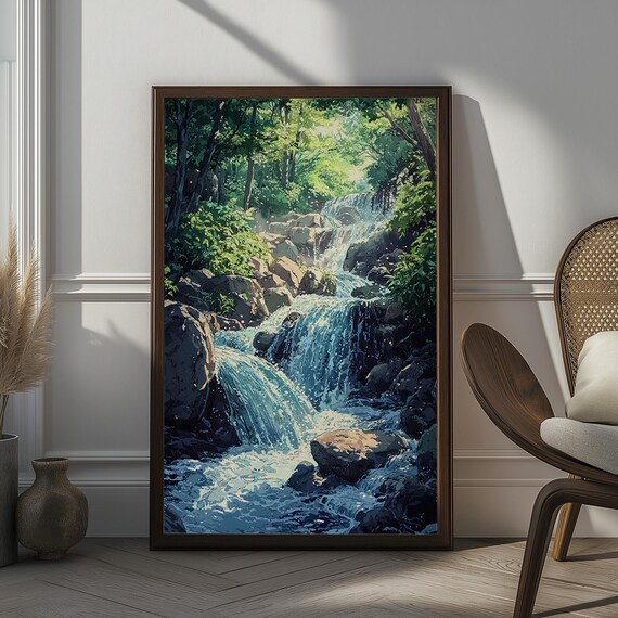 Waterfall Landscape Art Print Serene Nature Scene Tranquil Waterfall In Forest Japanese Style Wall Art Home Decor For Peaceful Ambiance