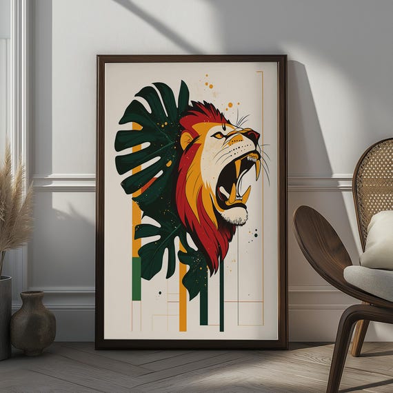 Lion Roar Poster Bold And Colorful Lion Illustration With Tropical Leaves Modern Abstract Animal Art For Home Decor Majestic Wall Art