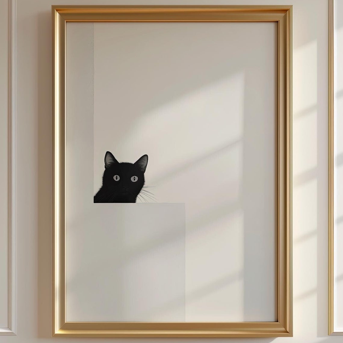 Black Cat Peeking Over White Ledge Cute Minimalist Cat Art Poster