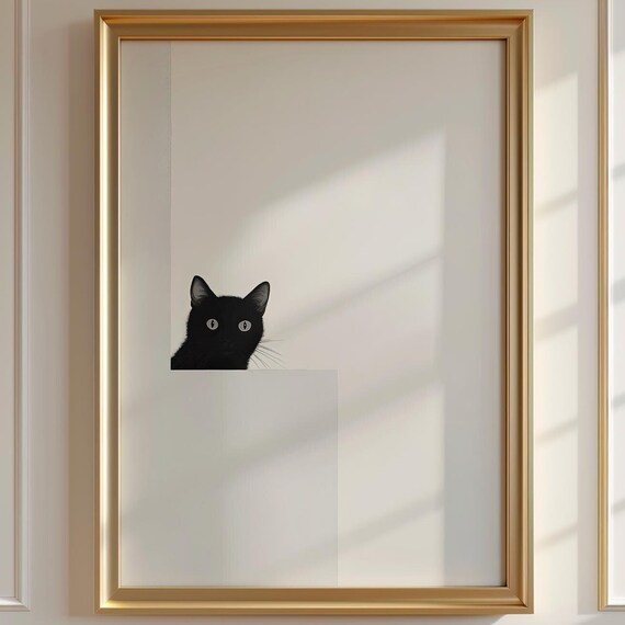 Black Cat Peeking Over White Ledge Cute Minimalist Cat Art Poster