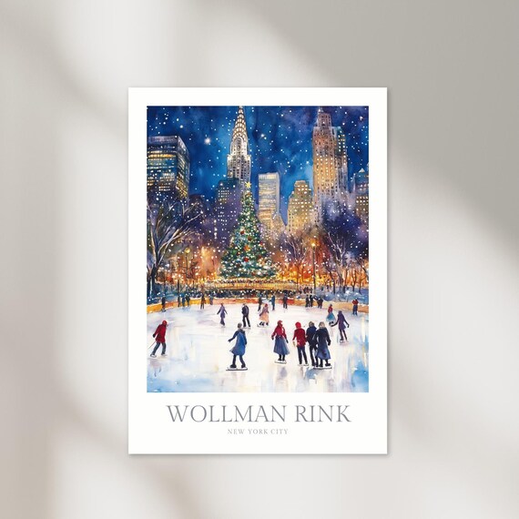 Wollman Rink New York City Christmas Ice Skating Watercolor Poster