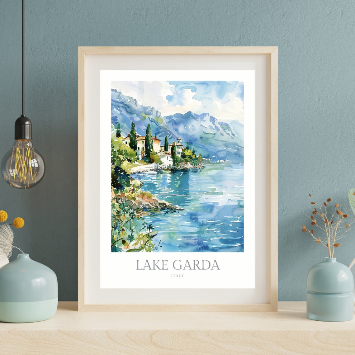 Lake Garda Italy Lakeside Villa Cypress Watercolor Travel Art Poster - Image 2