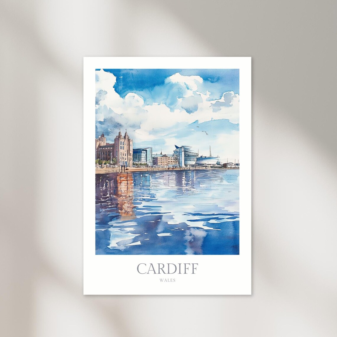 Cardiff Wales Bay Skyline Watercolor Harbor Scene Art Poster