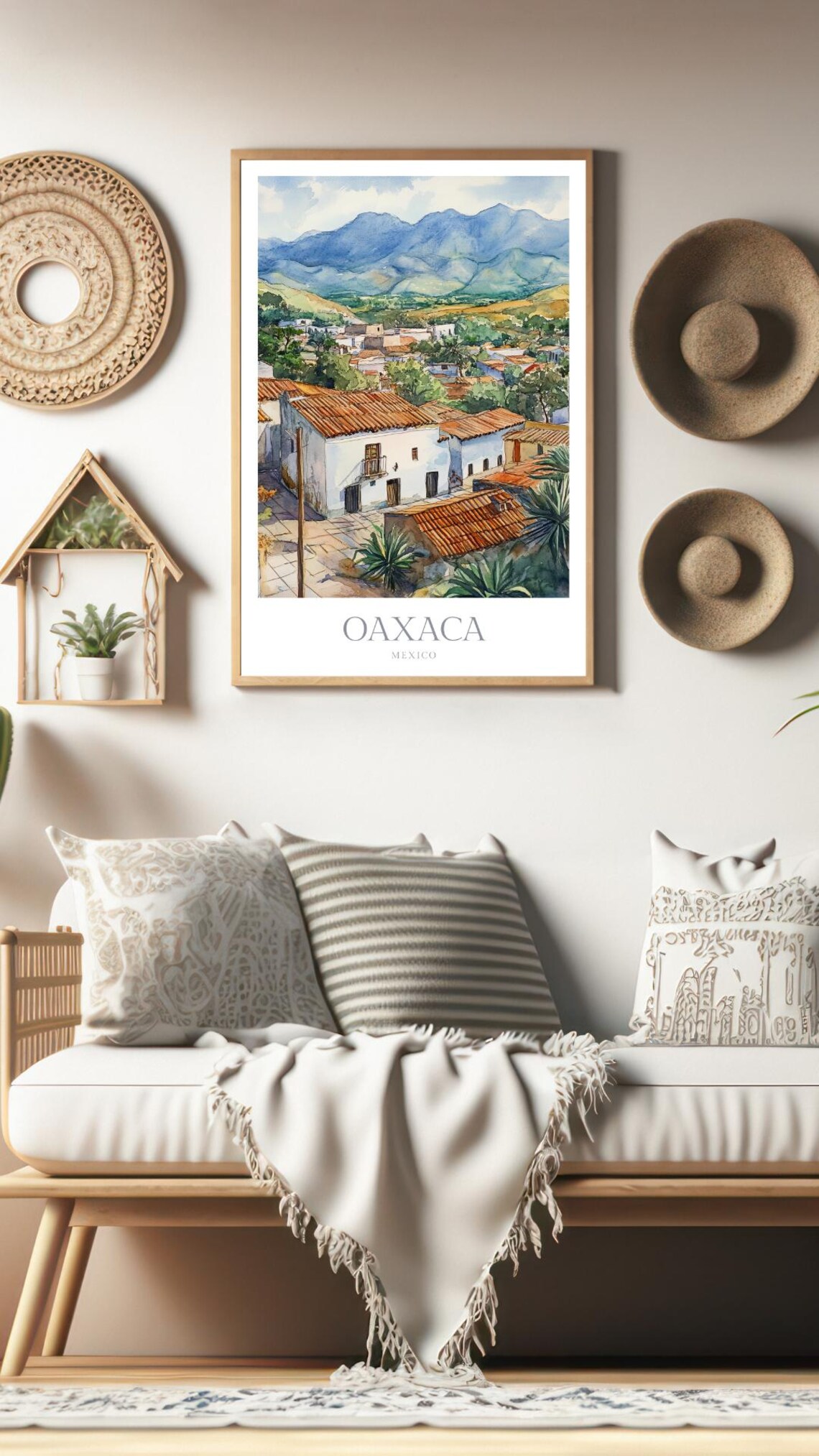 Oaxaca Mexico Watercolor Village Rooftops Mountain View Poster Art - Image 2