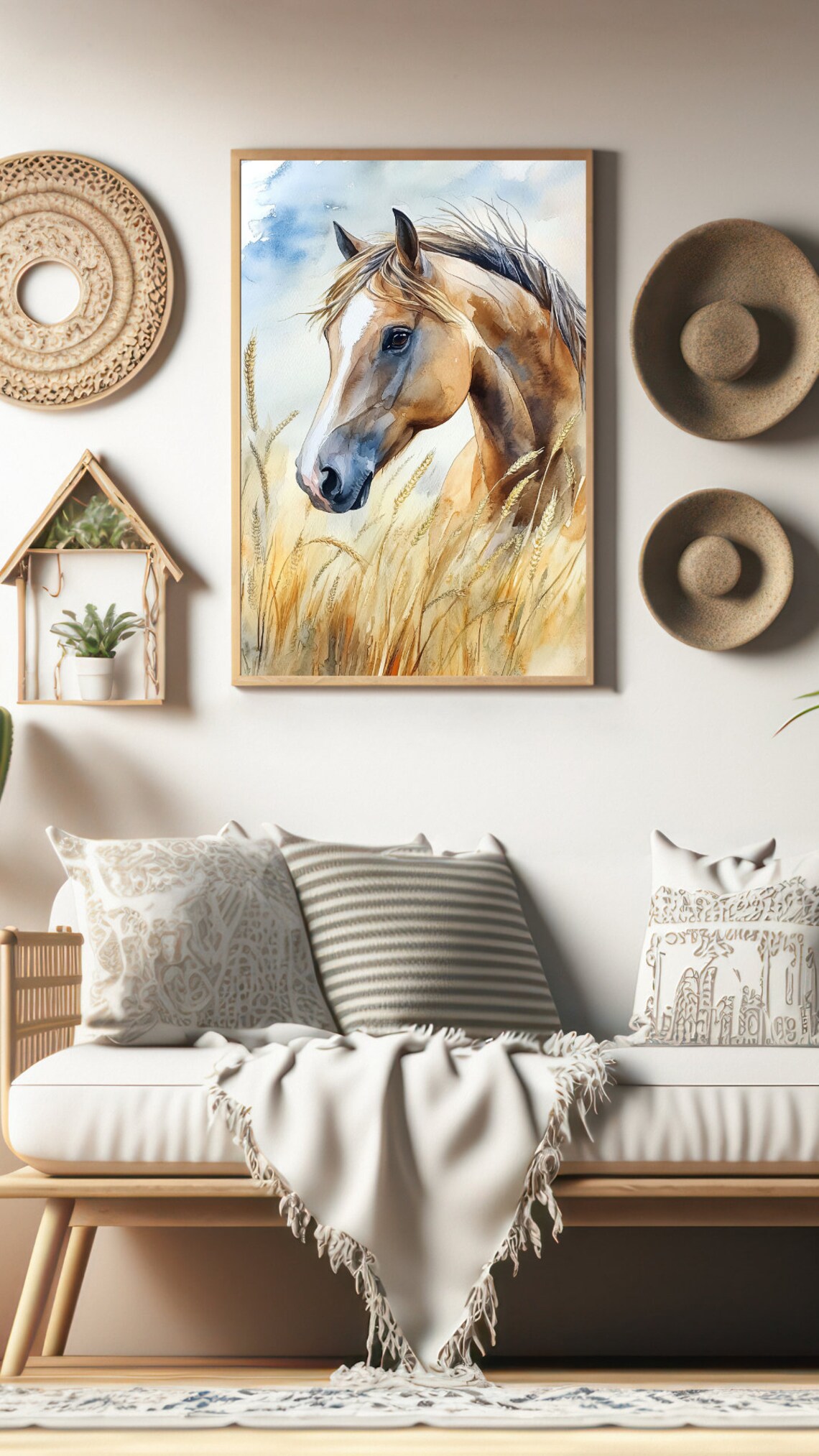 Golden Horse Portrait in Wheat Field Sunset Watercolor Poster - Image 2