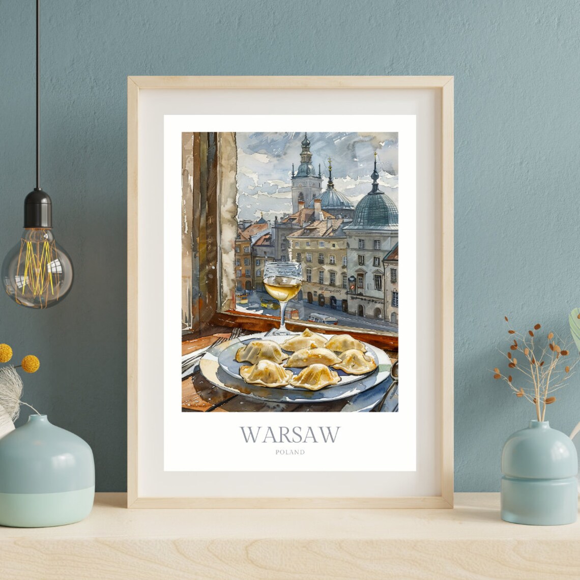 Warsaw Poland Pierogi Wine Window City View Watercolor Travel Poster - Image 2