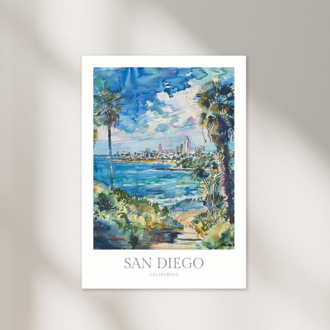 San Diego California Watercolor Bay Palm Cityscape Travel Poster