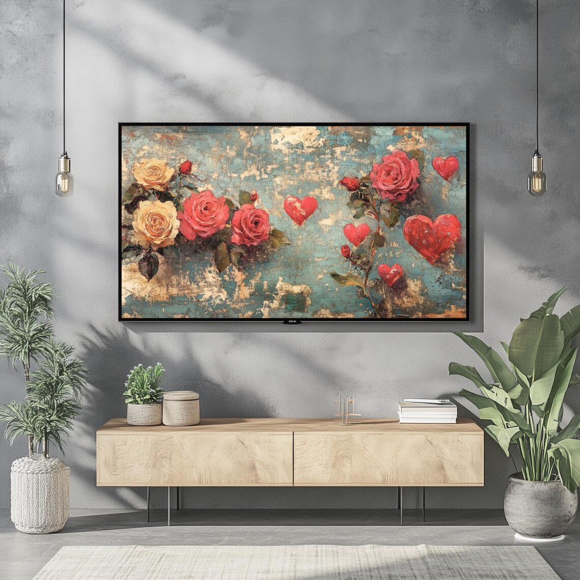 Valentines Day Roses Red Hearts Vintage Oil Painting Romantic Wall Art - Image 2