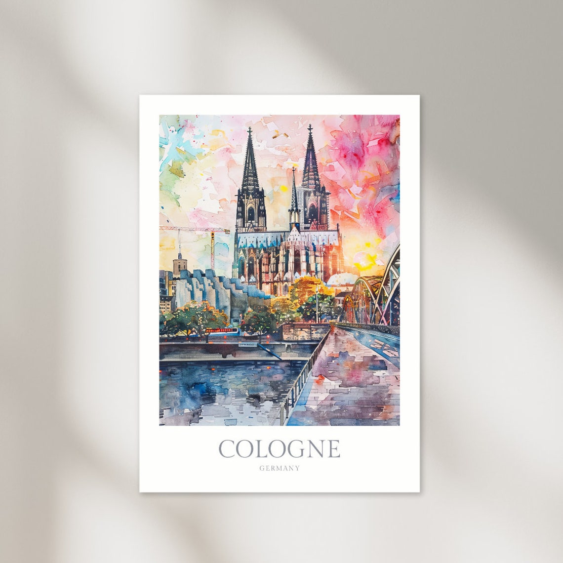 Cologne Germany Watercolor Cathedral Bridge Sunset City Art Poster