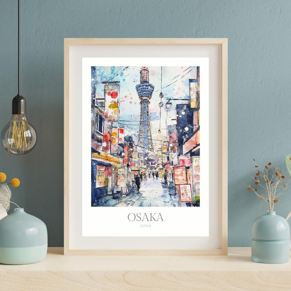 Osaka Japan Tsutenkaku Tower Old Street Watercolor City Poster Art - Image 2