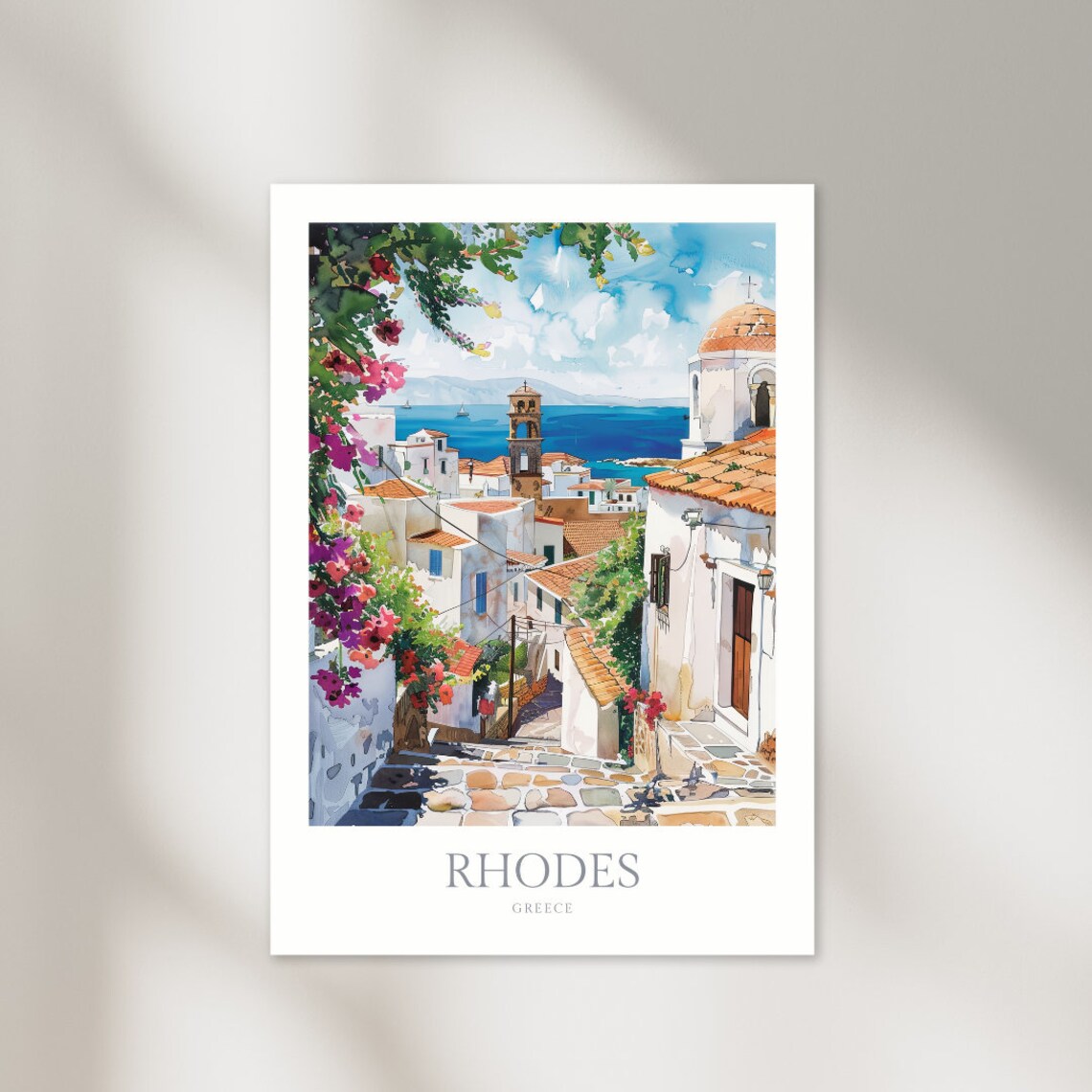 Rhodes Greece Watercolor Travel Poster, Home Decor