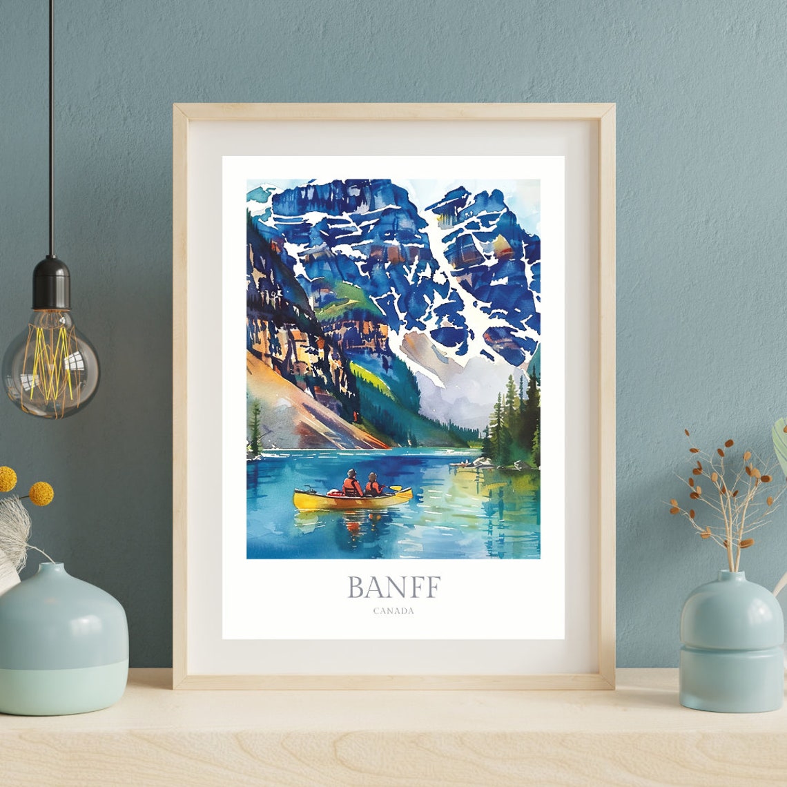 Banff Canada Canoe Turquoise Lake Snowy Peaks Mountain Travel Poster - Image 2