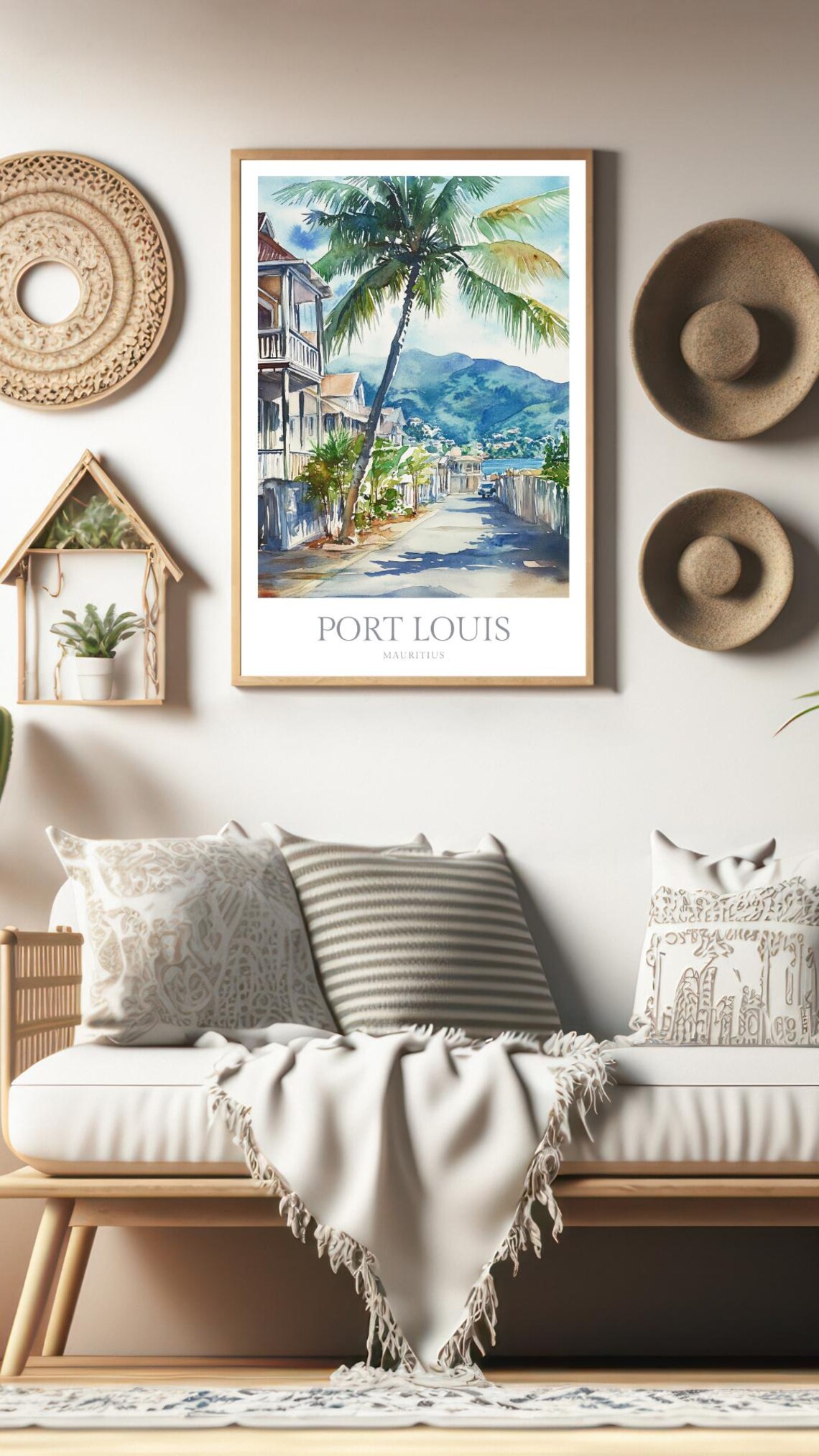 Port Louis Mauritius Watercolor Palm Street Tropical Travel Poster - Image 3