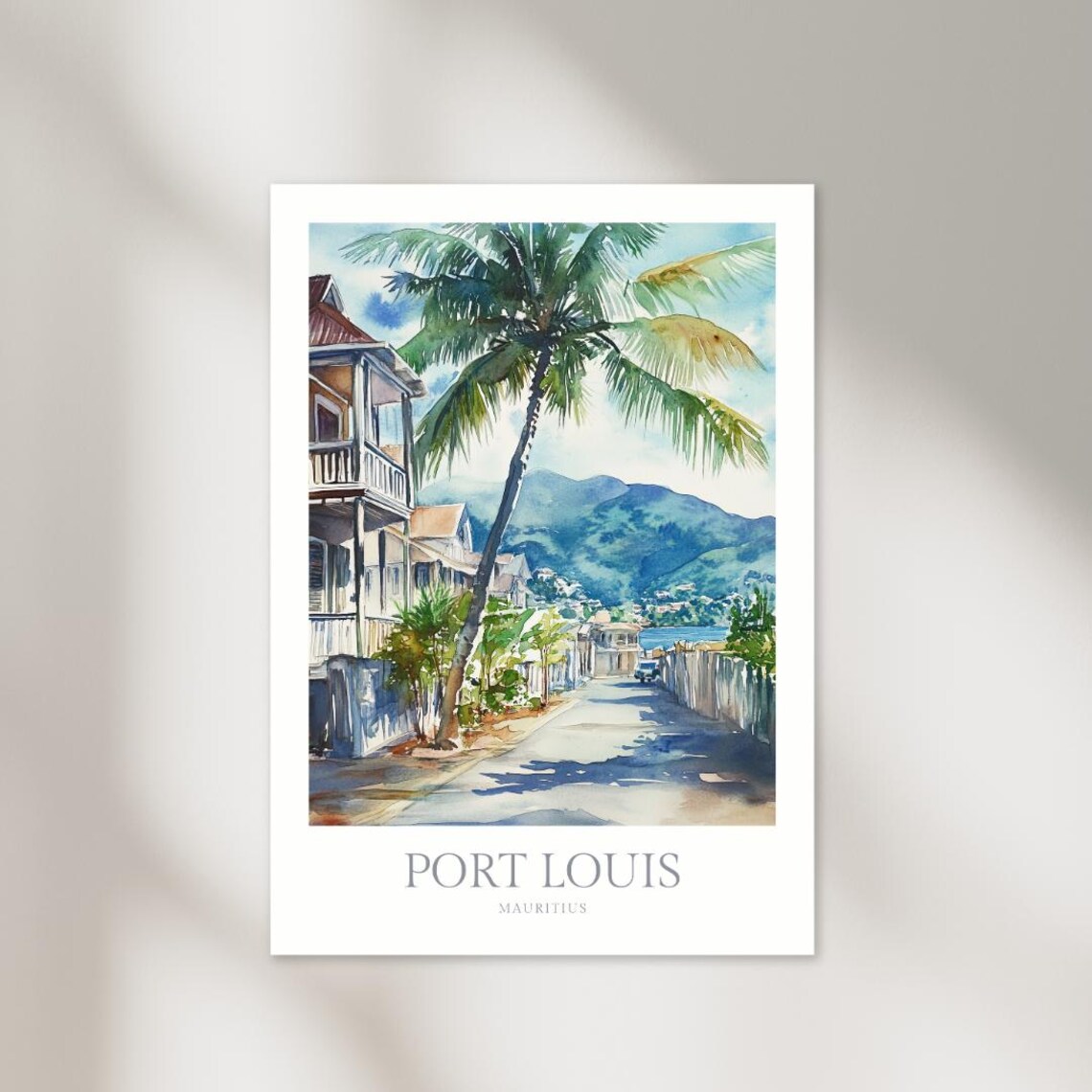 Port Louis Mauritius Watercolor Palm Street Tropical Travel Poster